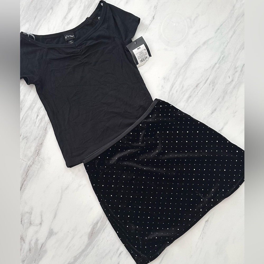 NWT Elegant Black Skirt with Silver Accents and Shirt.